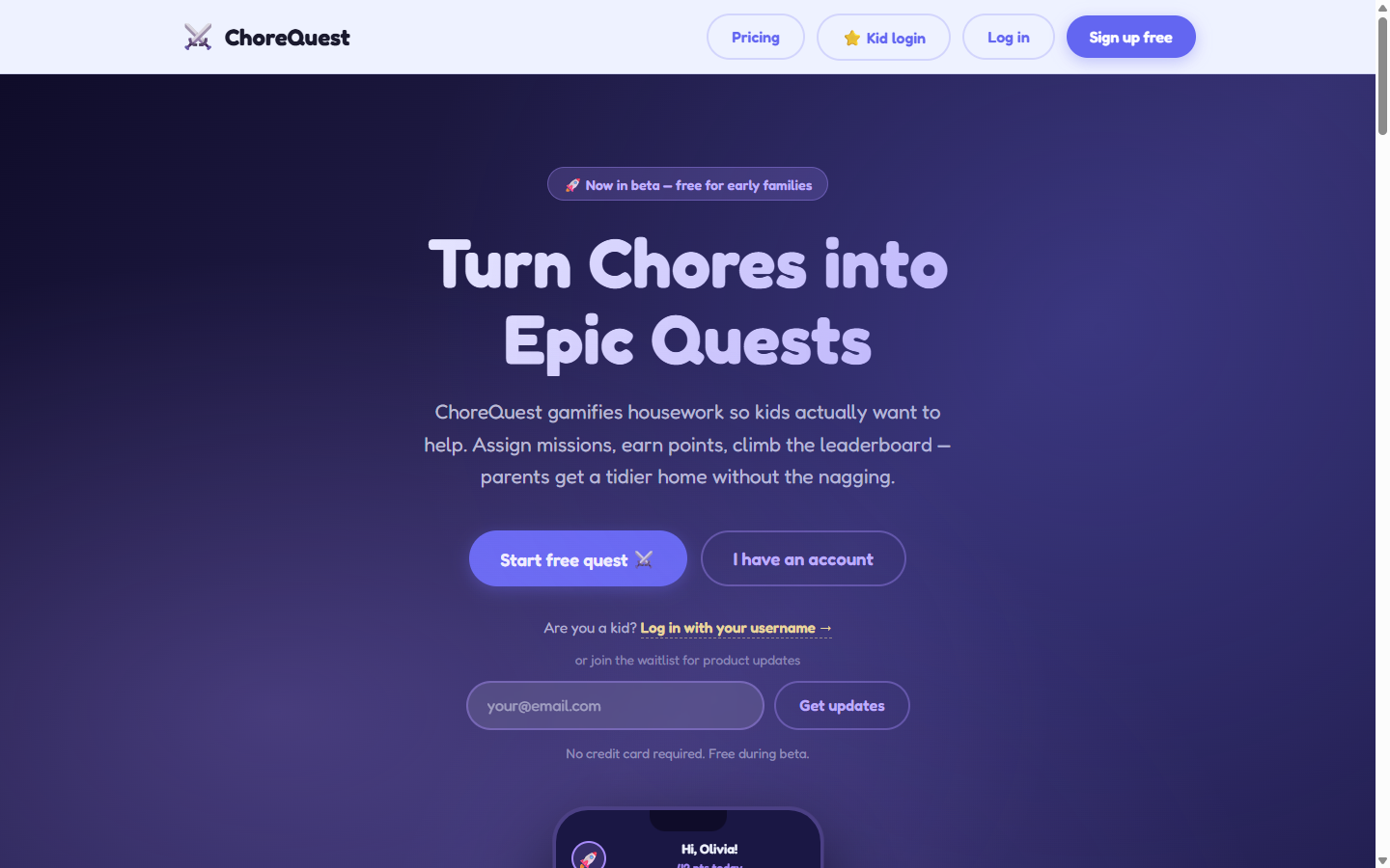 ChoreQuest landing page showing gamified chore missions, kid leaderboard, and family dashboard preview