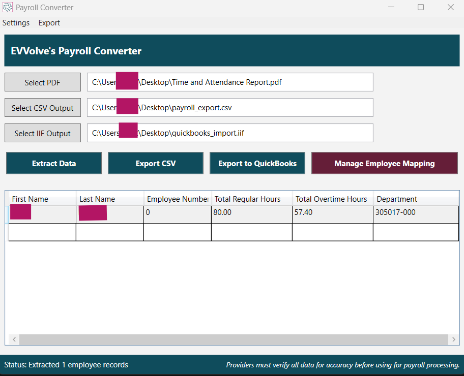 EVVolve Payroll Converter Interface